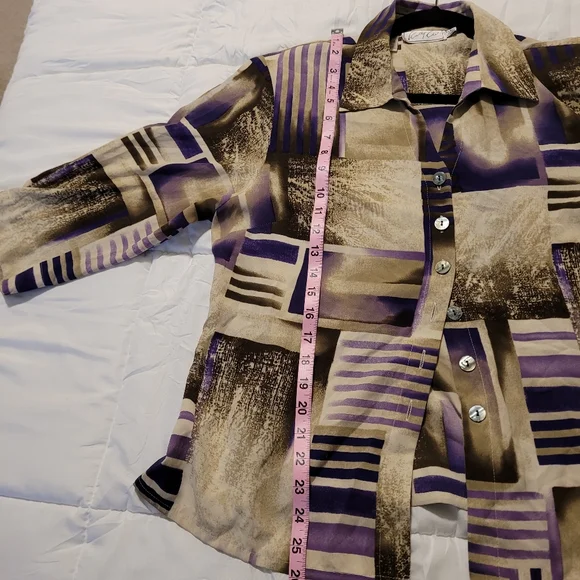 Kathy Che vintage purple, brown, and tan mid sleeved blouse. Size 14. - Picture 3 of 8